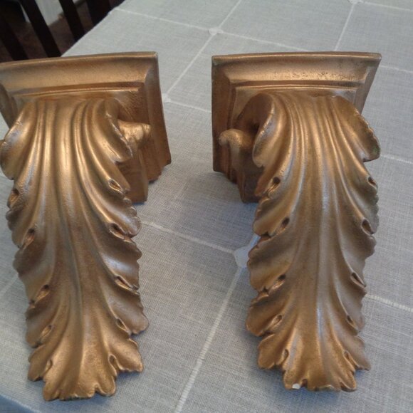 2 Large Acanthus Leaf Wall Bracket Shelves French Italy Gold Corbels 10" x 5.5"